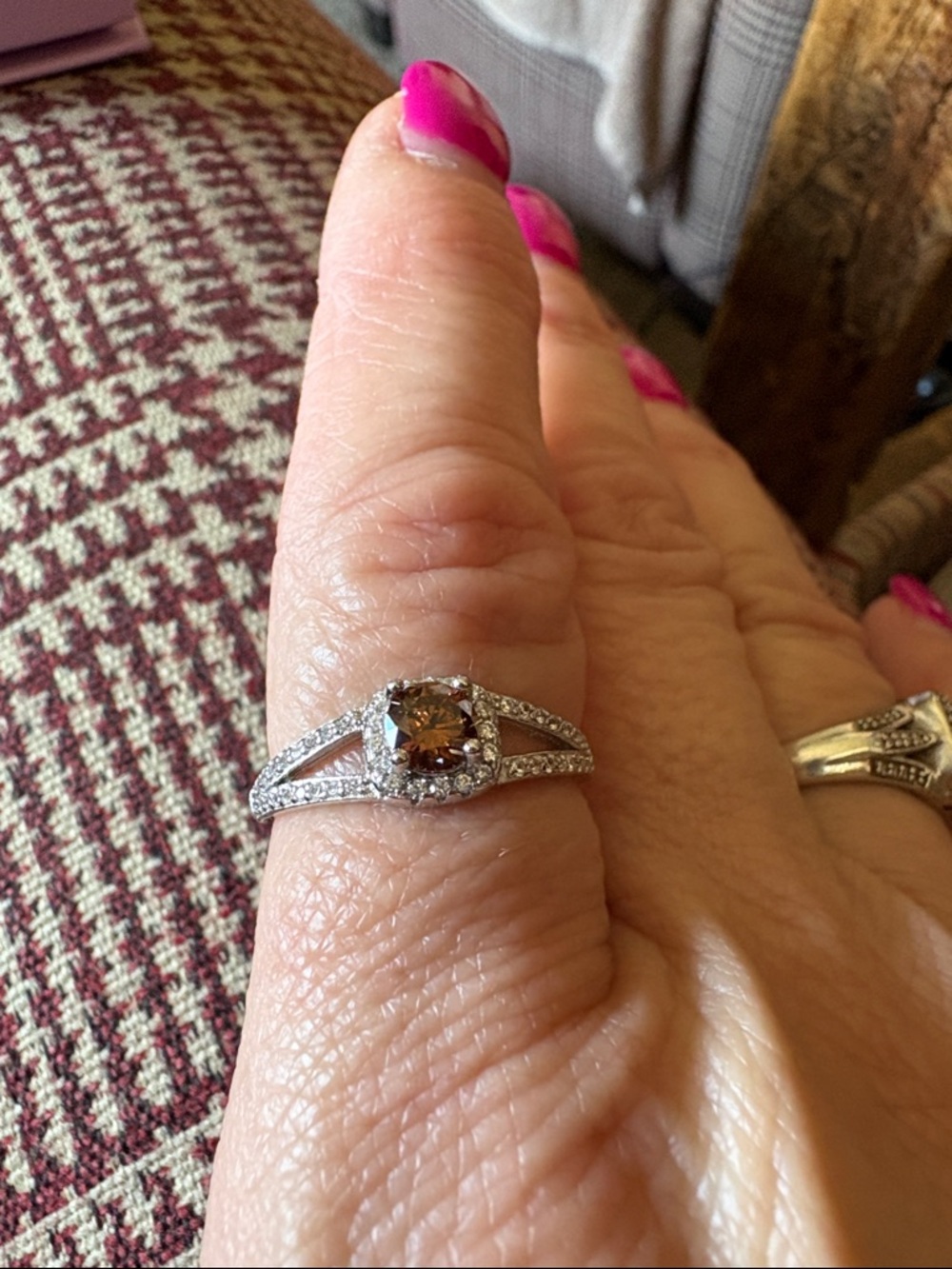 Silver Halo Split-Shank Ring with Brown Center Stone